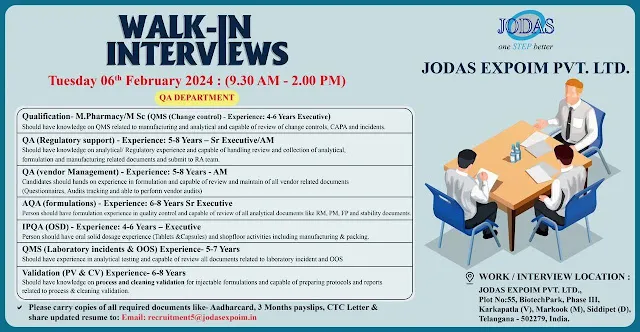 Jodas Expoim - Walk-In Interviews on 06th Feb  2024